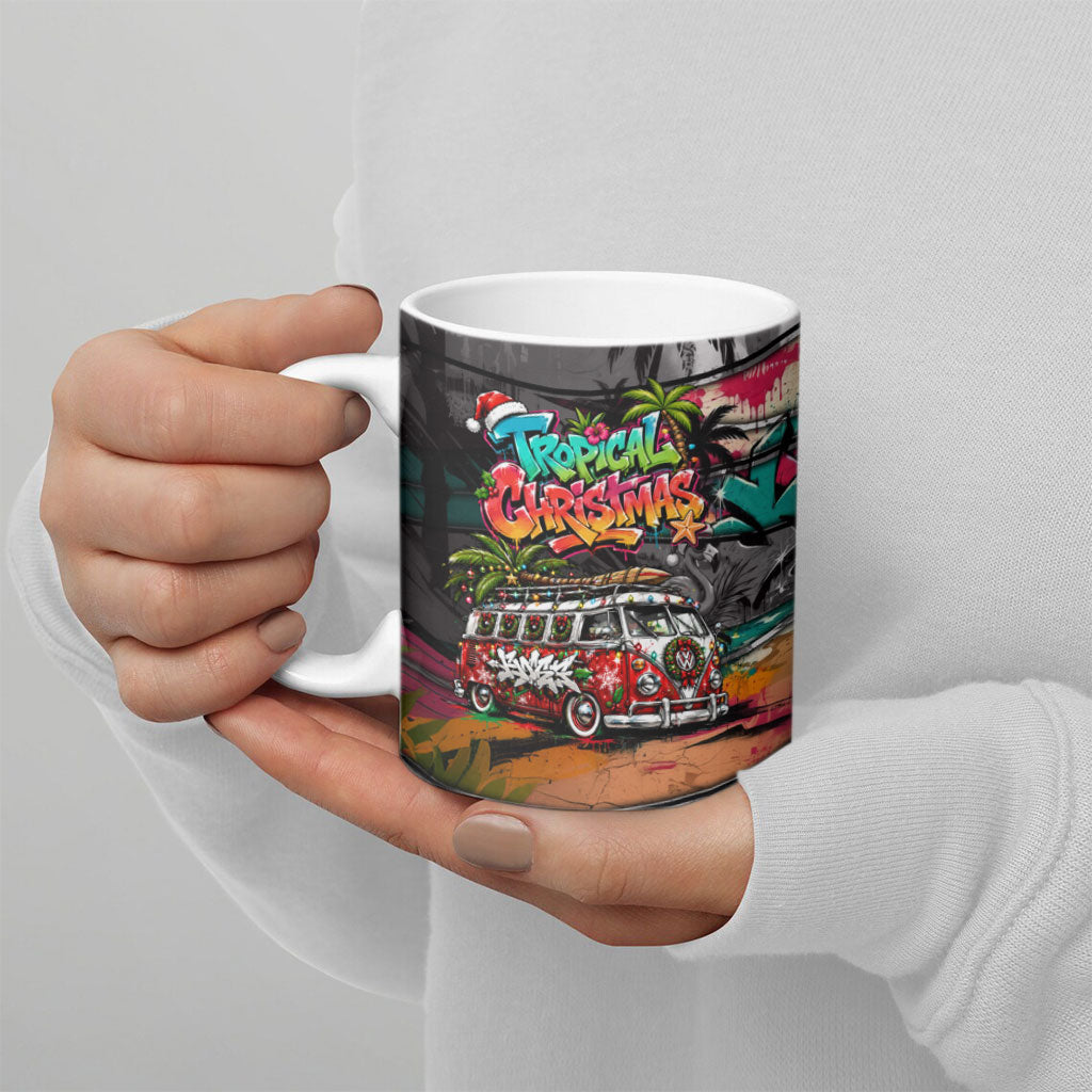 Tropical Christmas In July Candy Cane Surf Ceramic Mug Vibrant Street Art Beach Graffiti Graphic
