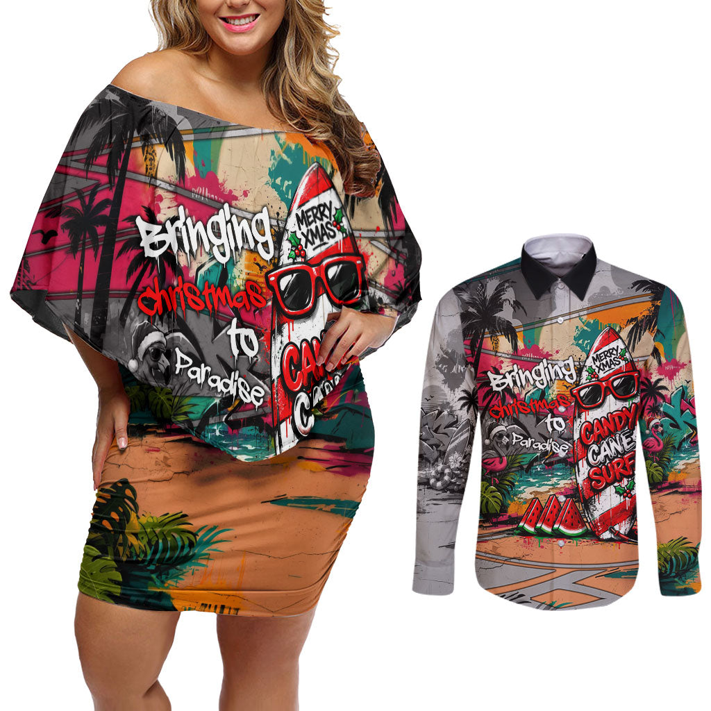 Tropical Christmas In July Candy Cane Surf Couples Matching Off Shoulder Short Dress and Long Sleeve Button Shirt Vibrant Street Art Beach Graffiti Graphic