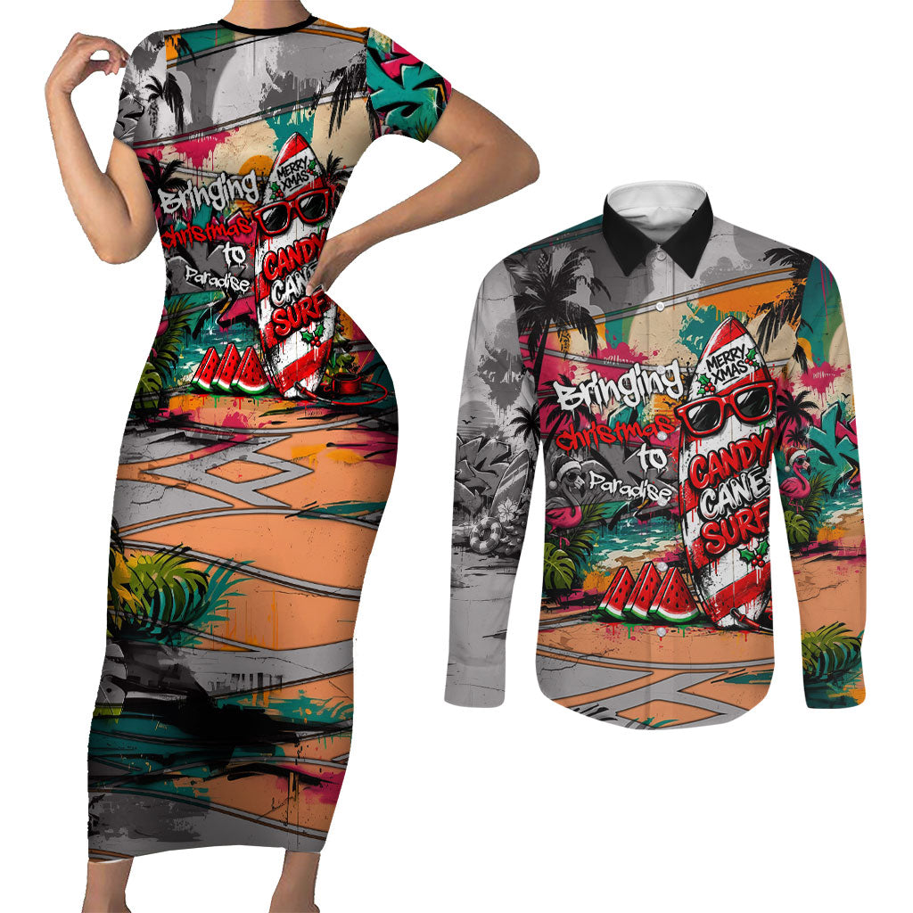 Tropical Christmas In July Candy Cane Surf Couples Matching Short Sleeve Bodycon Dress and Long Sleeve Button Shirt Vibrant Street Art Beach Graffiti Graphic