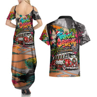Tropical Christmas In July Candy Cane Surf Couples Matching Summer Maxi Dress and Hawaiian Shirt Vibrant Street Art Beach Graffiti Graphic
