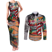 Tropical Christmas In July Candy Cane Surf Couples Matching Tank Maxi Dress and Long Sleeve Button Shirt Vibrant Street Art Beach Graffiti Graphic