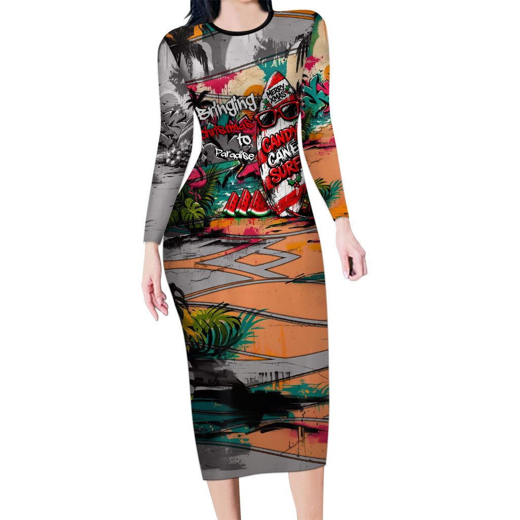 Tropical Christmas In July Candy Cane Surf Family Matching Long Sleeve Bodycon Dress and Hawaiian Shirt Vibrant Street Art Beach Graffiti Graphic TS04 Mom's Dress Orange Grey - Polynesian Pride