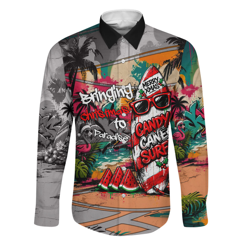 Tropical Christmas In July Candy Cane Surf Family Matching Mermaid Dress and Hawaiian Shirt Vibrant Street Art Beach Graffiti Graphic TS04 Dad's Shirt - Long Sleeve Orange Grey - Polynesian Pride