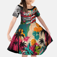 Tropical Christmas In July Candy Cane Surf Family Matching Off The Shoulder Long Sleeve Dress and Hawaiian Shirt Vibrant Street Art Beach Graffiti Graphic TS04 Daughter's Dress Orange Grey - Polynesian Pride