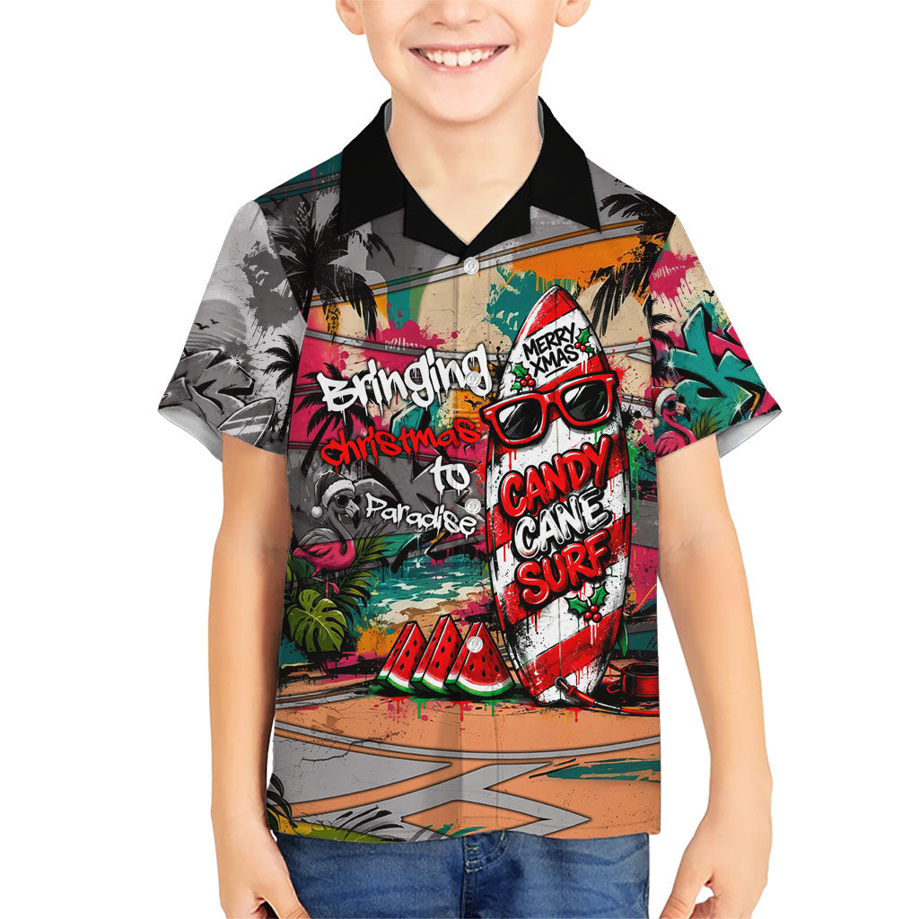 Tropical Christmas In July Candy Cane Surf Family Matching Off The Shoulder Long Sleeve Dress and Hawaiian Shirt Vibrant Street Art Beach Graffiti Graphic TS04 Son's Shirt Orange Grey - Polynesian Pride