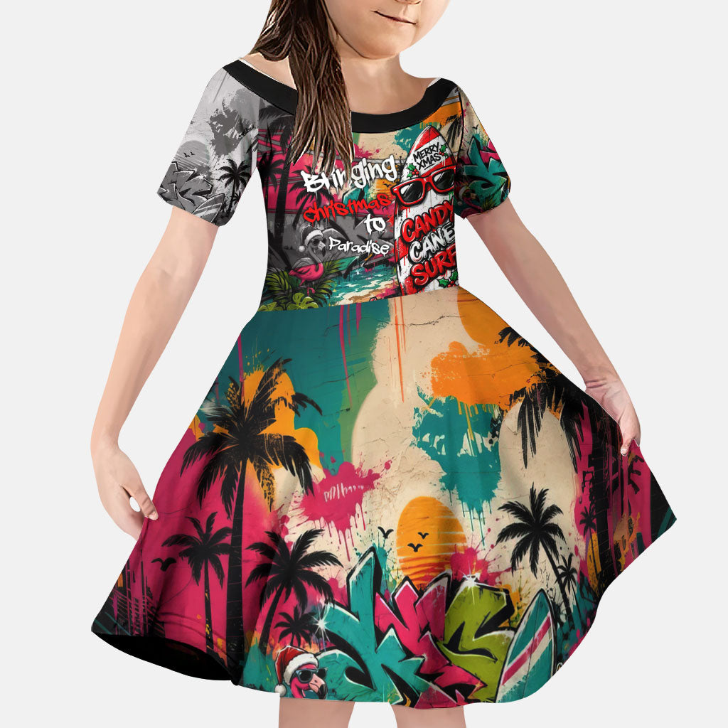 Tropical Christmas In July Candy Cane Surf Family Matching Off Shoulder Maxi Dress and Hawaiian Shirt Vibrant Street Art Beach Graffiti Graphic TS04 Daughter's Dress Orange Grey - Polynesian Pride