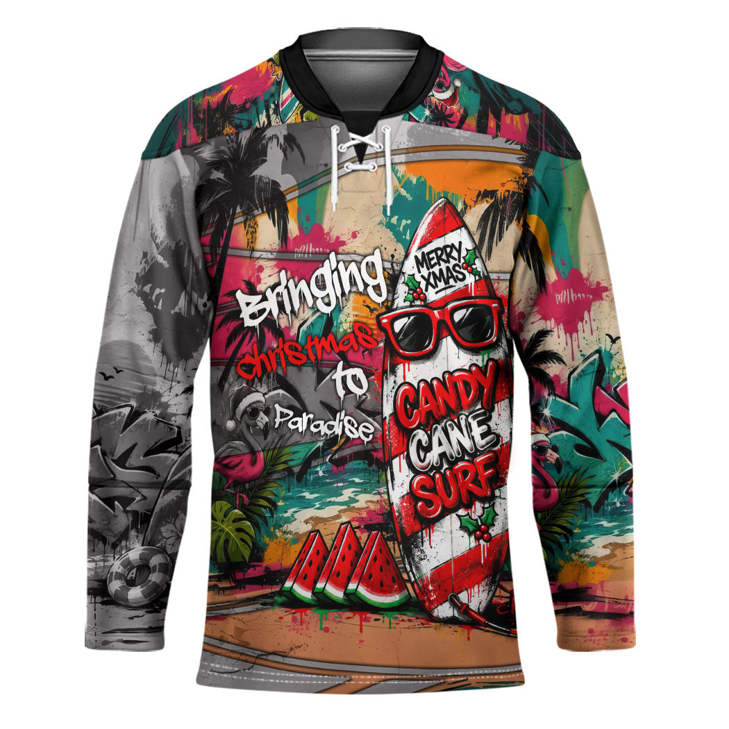 Tropical Christmas In July Candy Cane Surf Hockey Jersey Vibrant Street Art Beach Graffiti Graphic