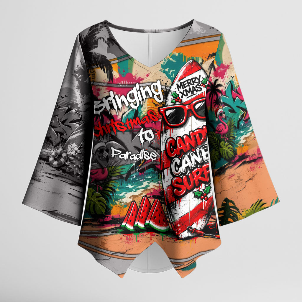 Tropical Christmas In July Candy Cane Surf Kimono Sleeve Blouse Vibrant Street Art Beach Graffiti Graphic TS04 Female Orange Grey - Polynesian Pride