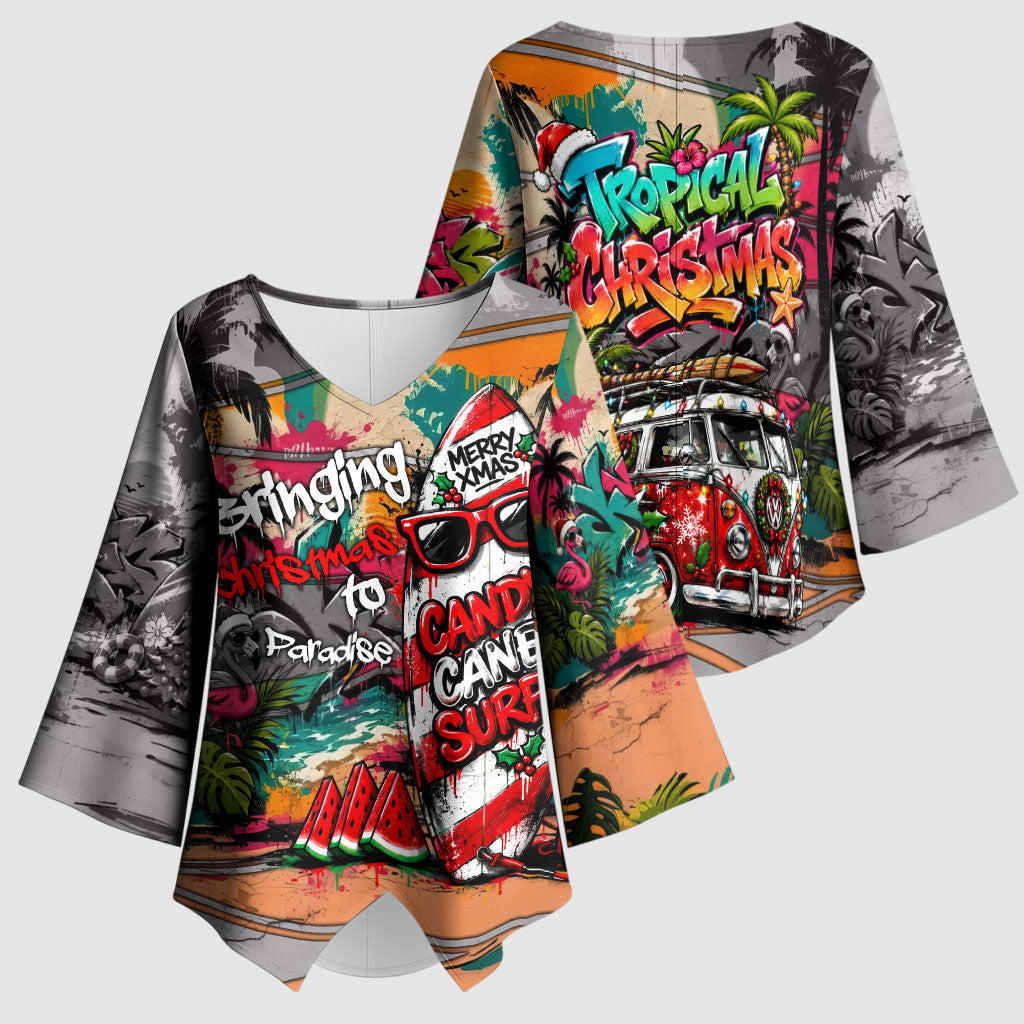 Tropical Christmas In July Candy Cane Surf Kimono Sleeve Blouse Vibrant Street Art Beach Graffiti Graphic