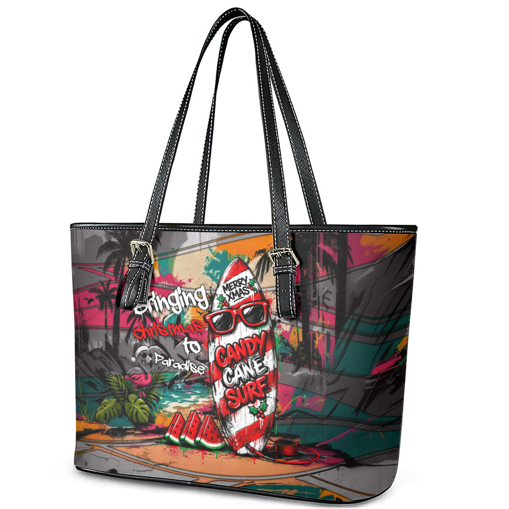 Tropical Christmas In July Candy Cane Surf Leather Tote Bag Vibrant Street Art Beach Graffiti Graphic