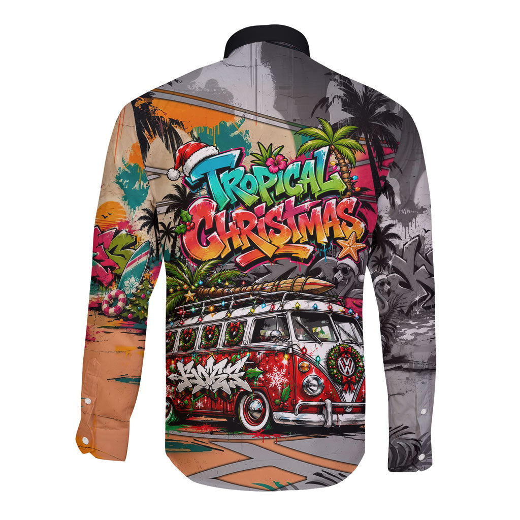 Tropical Christmas In July Candy Cane Surf Long Sleeve Button Shirt Vibrant Street Art Beach Graffiti Graphic