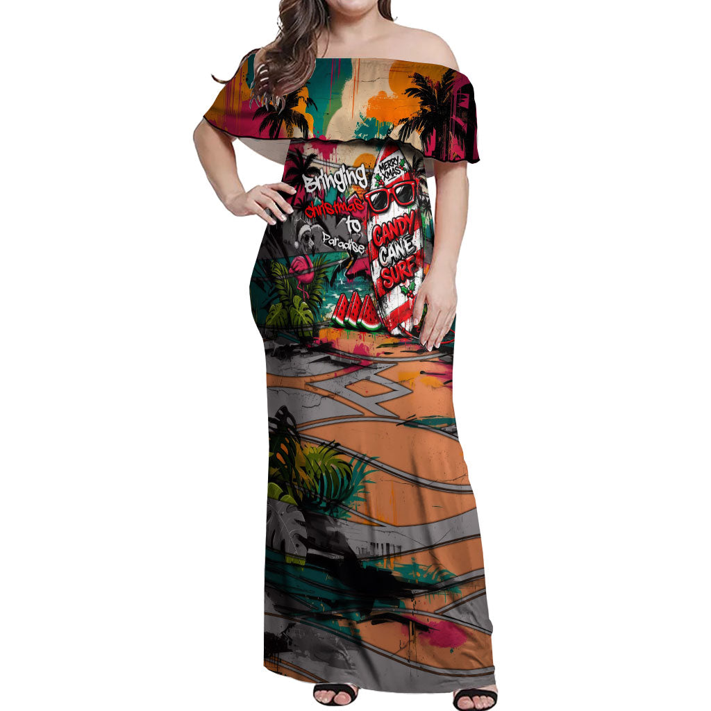 Tropical Christmas In July Candy Cane Surf Off Shoulder Maxi Dress Vibrant Street Art Beach Graffiti Graphic TS04 Women Orange Grey - Polynesian Pride