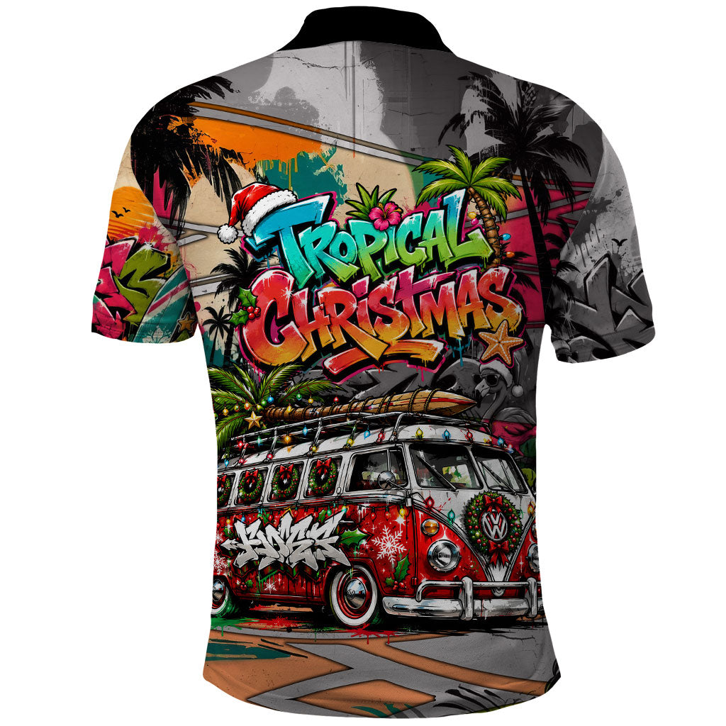 Tropical Christmas In July Candy Cane Surf Polo Shirt Vibrant Street Art Beach Graffiti Graphic