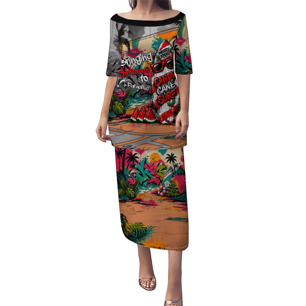 Tropical Christmas In July Candy Cane Surf Puletasi Vibrant Street Art Beach Graffiti Graphic TS04 Long Dress Orange Grey - Polynesian Pride