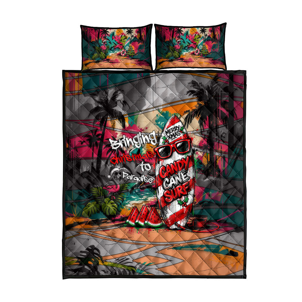 Tropical Christmas In July Candy Cane Surf Quilt Bed Set Vibrant Street Art Beach Graffiti Graphic