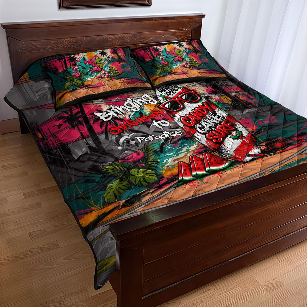 Tropical Christmas In July Candy Cane Surf Quilt Bed Set Vibrant Street Art Beach Graffiti Graphic