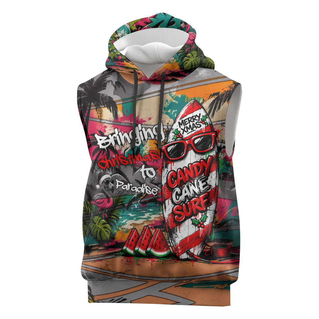 Tropical Christmas In July Candy Cane Surf Sleeveless Hoodie Vibrant Street Art Beach Graffiti Graphic TS04 Orange Grey - Polynesian Pride