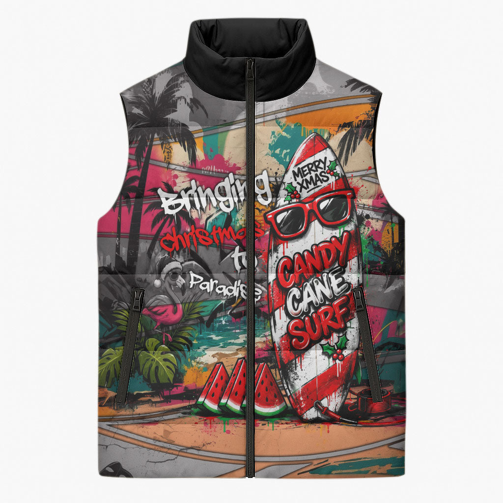 Tropical Christmas In July Candy Cane Surf Sleeveless Puffer Jacket Vibrant Street Art Beach Graffiti Graphic TS04 Unisex Orange Grey - Polynesian Pride