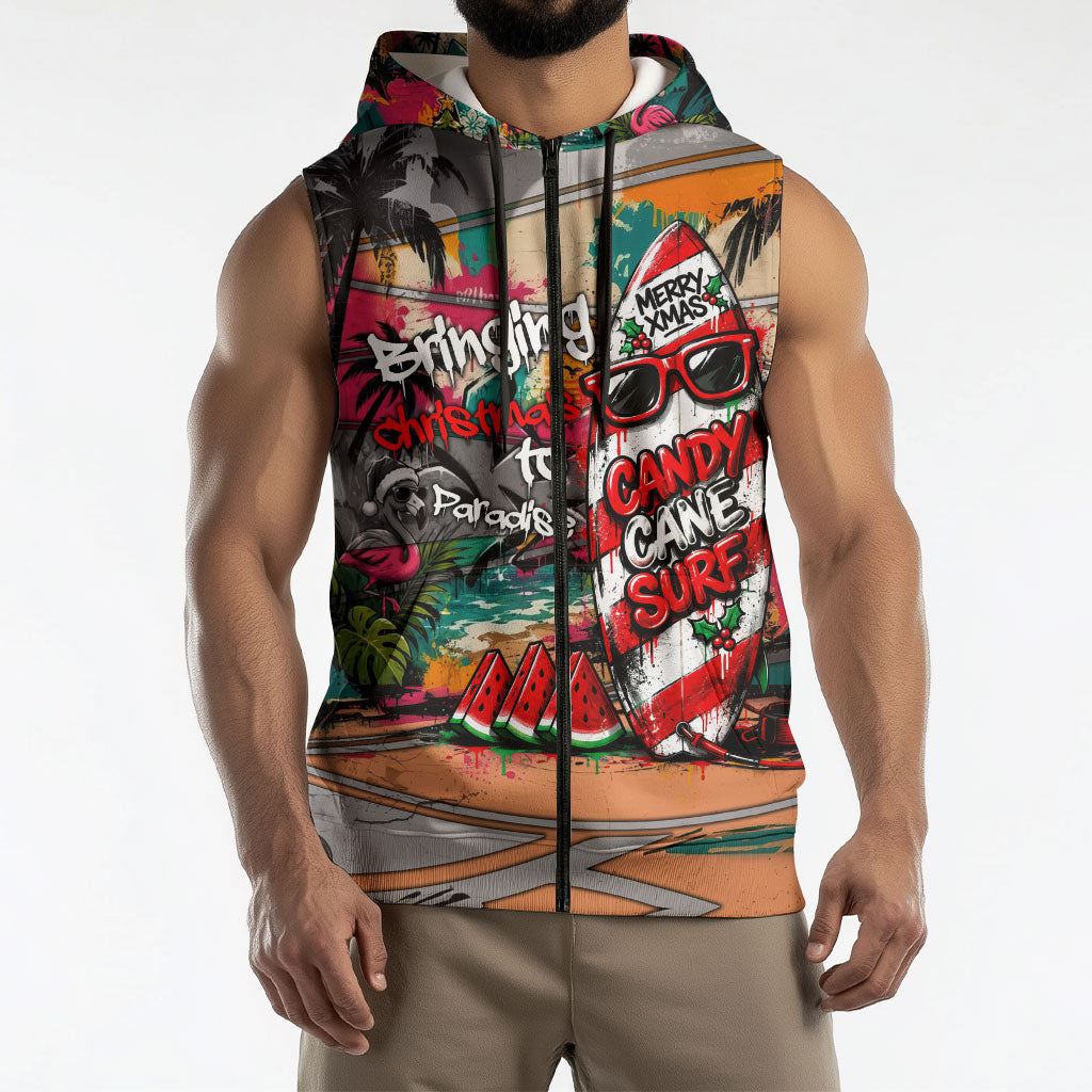 Tropical Christmas In July Candy Cane Surf Sleeveless Zip Hoodie Vibrant Street Art Beach Graffiti Graphic