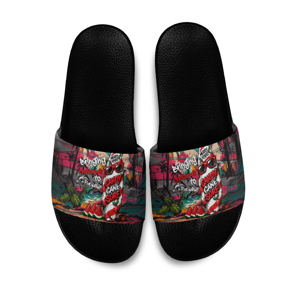 Tropical Christmas In July Candy Cane Surf Slide Sandals Vibrant Street Art Beach Graffiti Graphic TS04 Orange Grey - Polynesian Pride