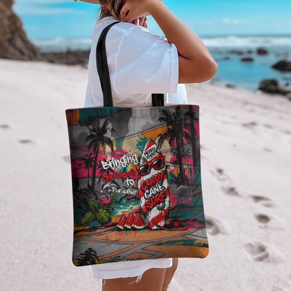 Tropical Christmas In July Candy Cane Surf Tote Bag Vibrant Street Art Beach Graffiti Graphic