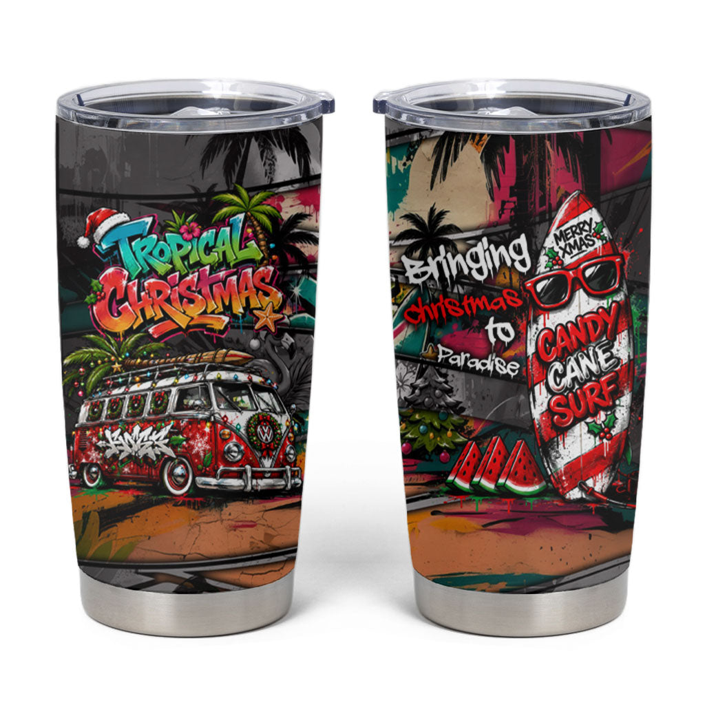 Tropical Christmas In July Candy Cane Surf Tumbler Cup Vibrant Street Art Beach Graffiti Graphic