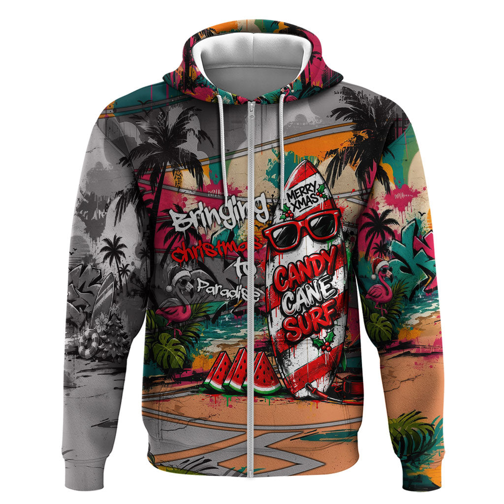 Tropical Christmas In July Candy Cane Surf Zip Hoodie Vibrant Street Art Beach Graffiti Graphic