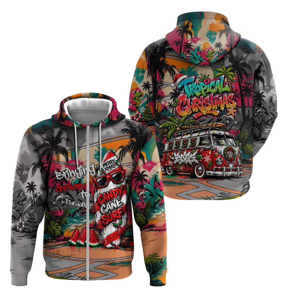 Tropical Christmas In July Candy Cane Surf Zip Hoodie Vibrant Street Art Beach Graffiti Graphic