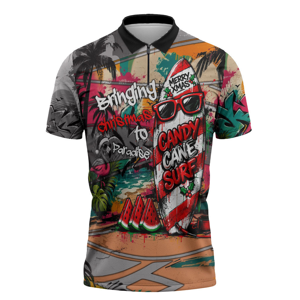 Tropical Christmas In July Candy Cane Surf Zipper Polo Shirt Vibrant Street Art Beach Graffiti Graphic TS04 Orange Grey - Polynesian Pride