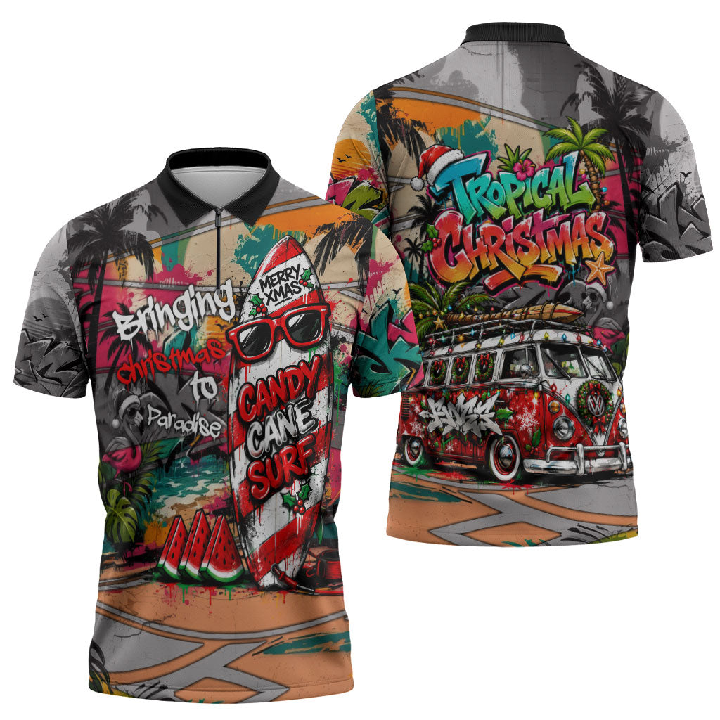 Tropical Christmas In July Candy Cane Surf Zipper Polo Shirt Vibrant Street Art Beach Graffiti Graphic