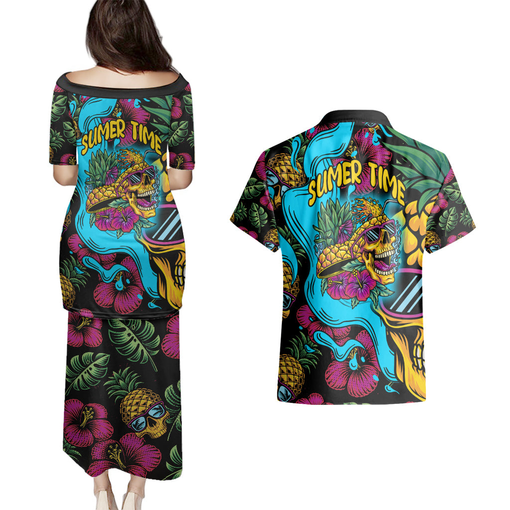 Pineapple Skull Couples Matching Puletasi Dress and Hawaiian Shirt Sumer Time TS04 Multicolor - Polynesian Pride