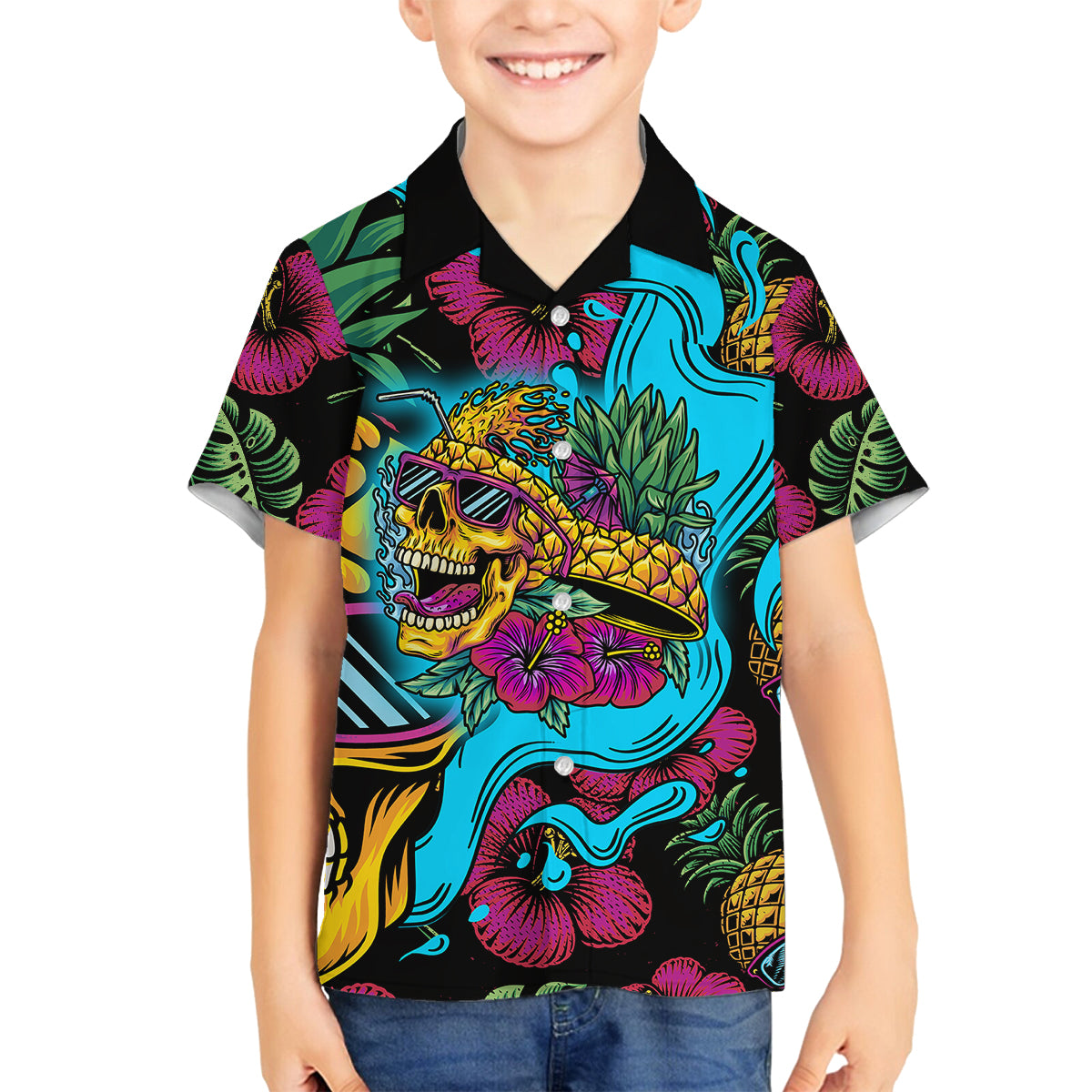 Pineapple Skull Family Matching Summer Maxi Dress and Hawaiian Shirt Sumer Time TS04 Son's Shirt Multicolor - Polynesian Pride