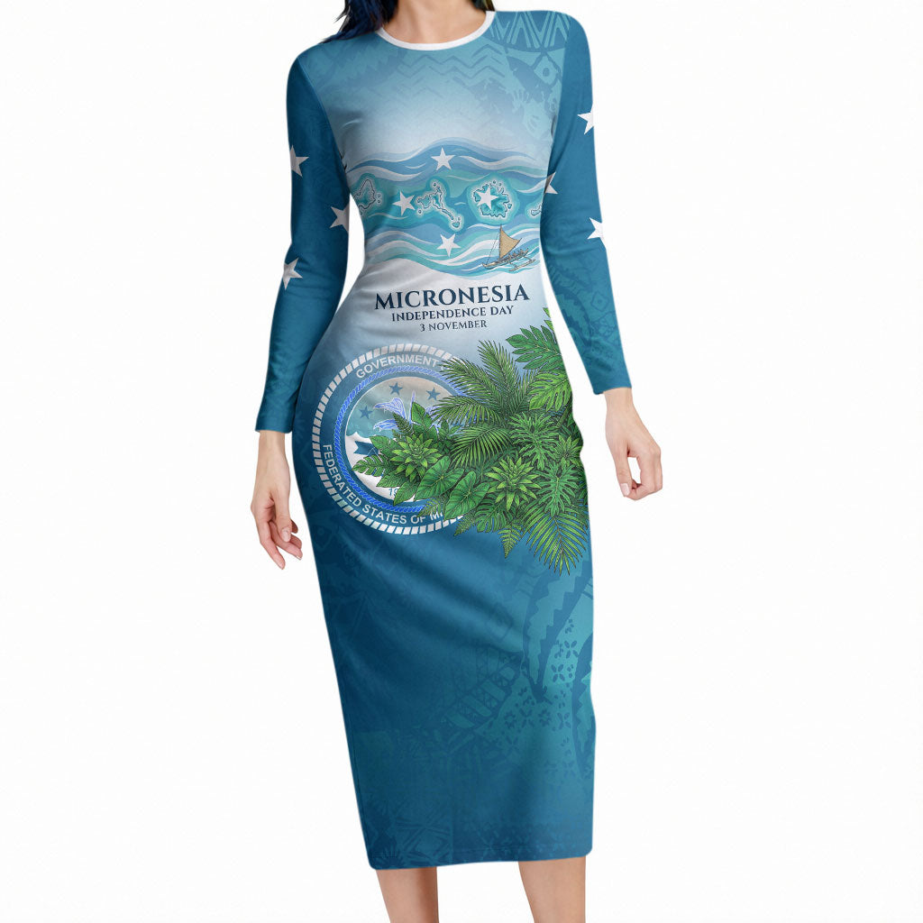 Micronesia Independence Day Long Sleeve Bodycon Dress FSM Patriotic Pacific Island Nan Madol Ruins Seabird Tropical