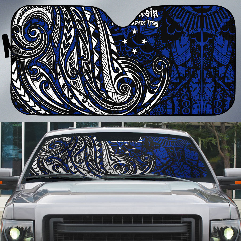 Micronesia Independence Day FSM Auto Sun Shade Tribal Tattoo Pattern Flag Seal Heritage TS04 Blue Black - Polynesian Pride
