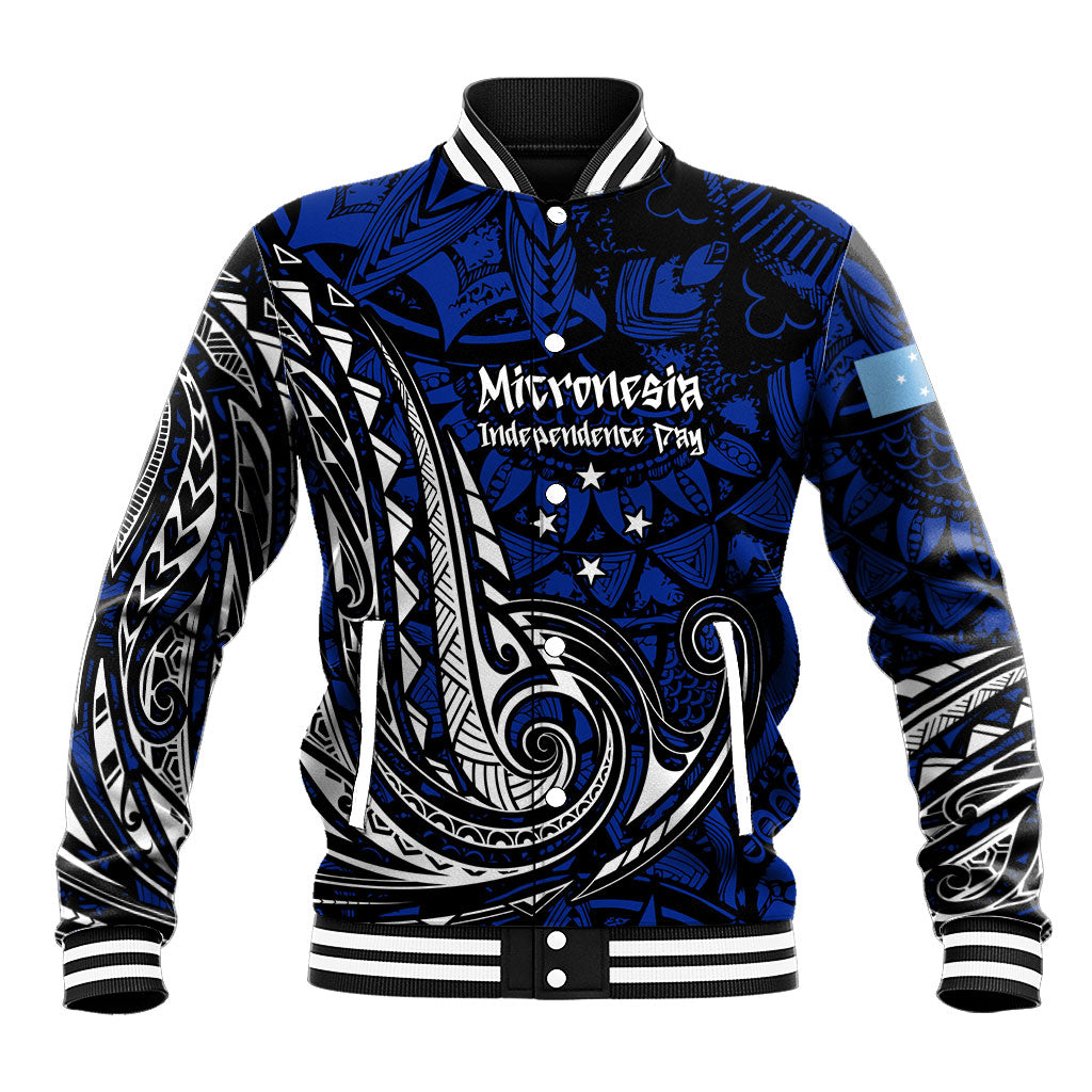 Micronesia Independence Day FSM Baseball Jacket Tribal Tattoo Pattern Flag Seal Heritage TS04 Unisex Blue Black - Polynesian Pride