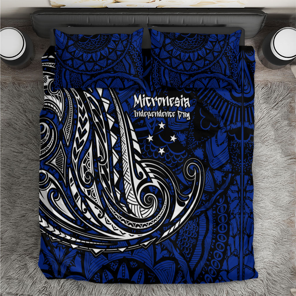 Micronesia Independence Day FSM Bedding Set Tribal Tattoo Pattern Flag Seal Heritage TS04 Blue Black - Polynesian Pride