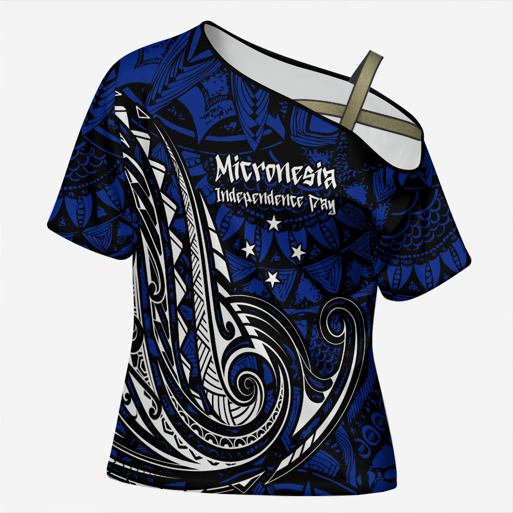 Micronesia Independence Day FSM Cross Shoulder Shirt Tribal Tattoo Pattern Flag Seal Heritage TS04 Female Blue Black - Polynesian Pride