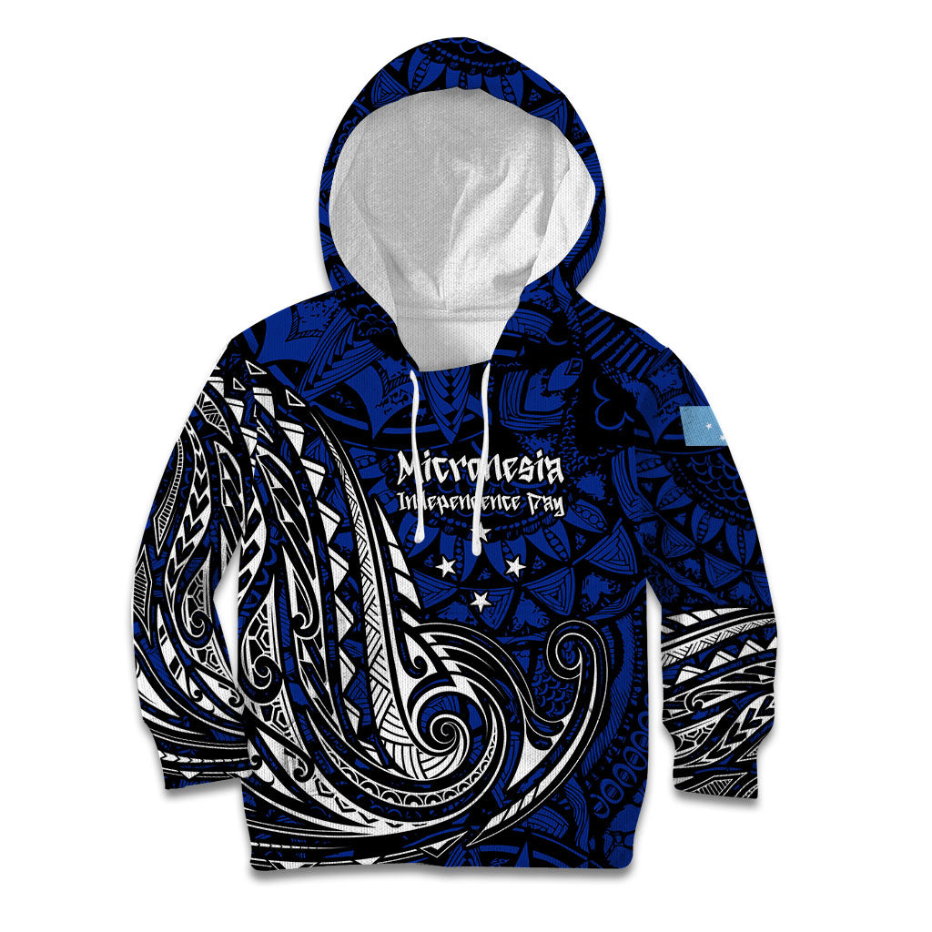 Micronesia Independence Day FSM Kid Hoodie Tribal Tattoo Pattern Flag Seal Heritage TS04 Hoodie Blue Black - Polynesian Pride
