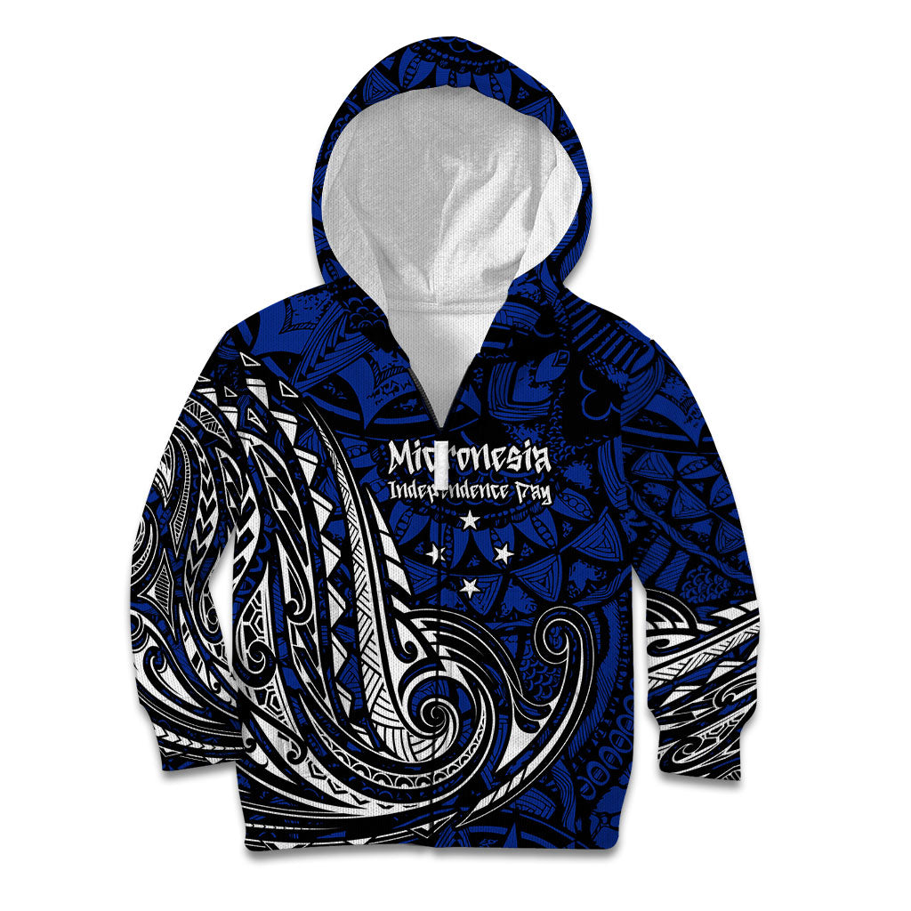 Micronesia Independence Day FSM Kid Hoodie Tribal Tattoo Pattern Flag Seal Heritage TS04 Zip Hoodie Blue Black - Polynesian Pride
