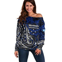 Micronesia Independence Day FSM Off Shoulder Sweater Tribal Tattoo Pattern Flag Seal Heritage TS04 Women Blue Black - Polynesian Pride