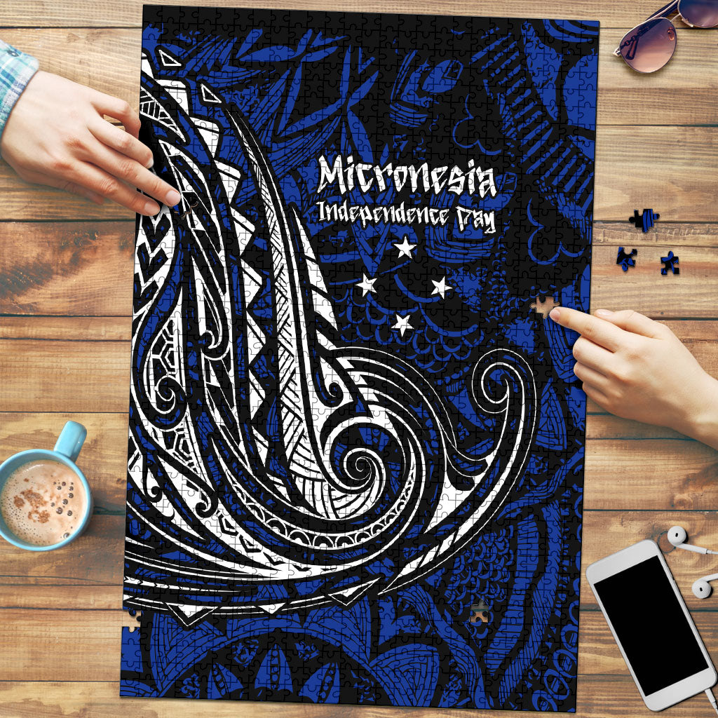 Micronesia Independence Day FSM Puzzle Tribal Tattoo Pattern Flag Seal Heritage TS04 Blue Black - Polynesian Pride