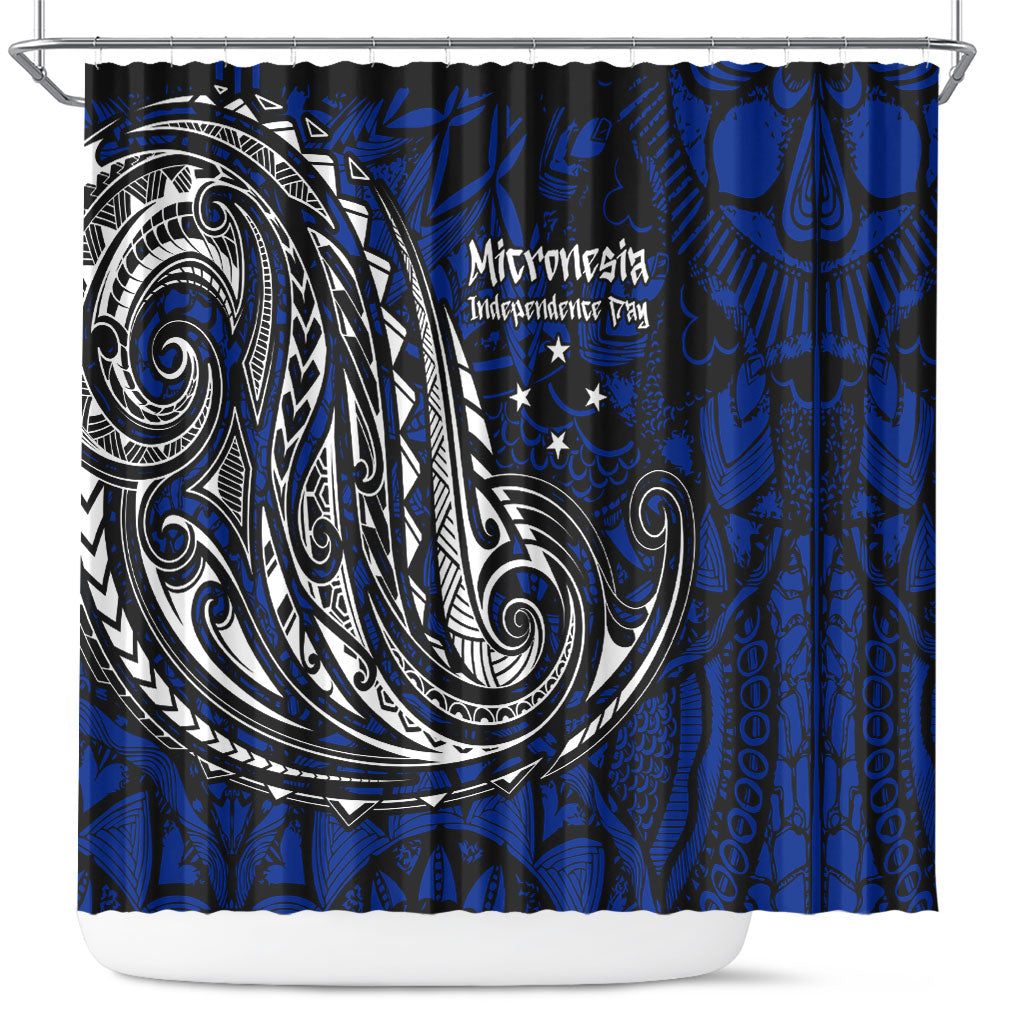 Micronesia Independence Day FSM Shower Curtain Tribal Tattoo Pattern Flag Seal Heritage TS04 Blue Black - Polynesian Pride