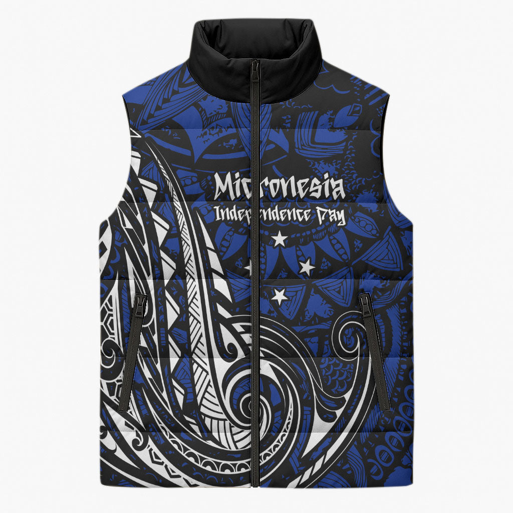 Micronesia Independence Day FSM Sleeveless Puffer Jacket Tribal Tattoo Pattern Flag Seal Heritage TS04 Unisex Blue Black - Polynesian Pride