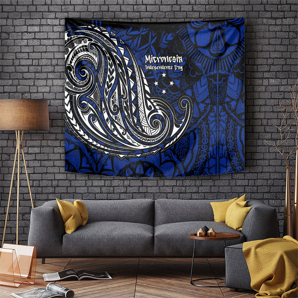 Micronesia Independence Day FSM Tapestry Tribal Tattoo Pattern Flag Seal Heritage TS04 Blue Black - Polynesian Pride