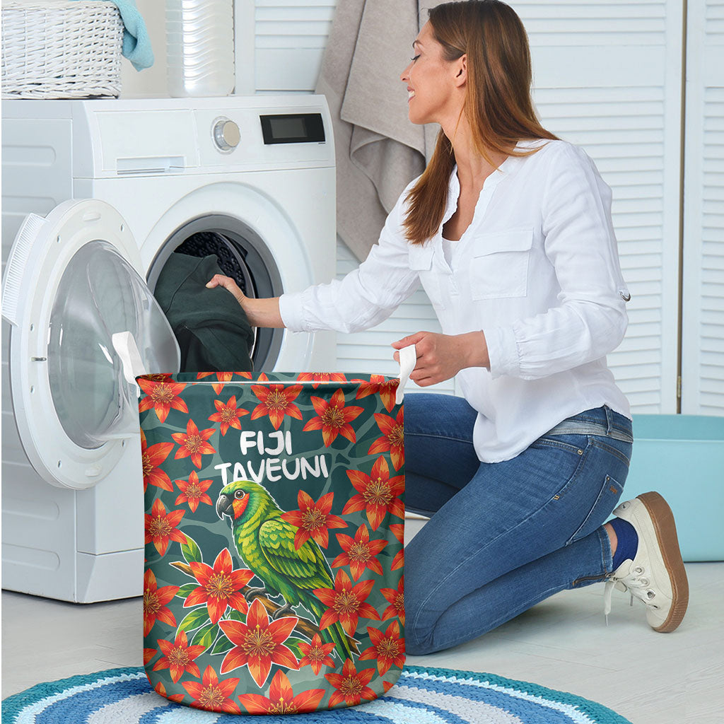 Fiji Taveuni Parrot Laundry Basket Tropical Waterfall Landscape With Floral Tribal Pattern