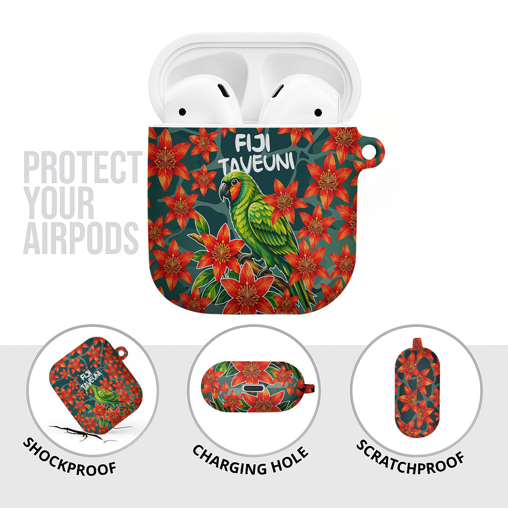 Fiji Taveuni Parrot AirPods Case Tropical Waterfall Landscape With Floral Tribal Pattern