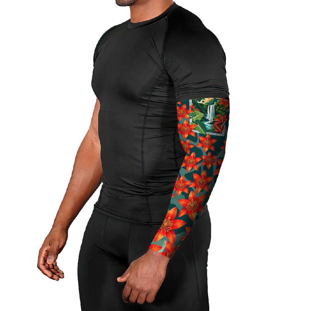 Fiji Taveuni Parrot Arm Sleeves Tropical Waterfall Landscape With Floral Tribal Pattern