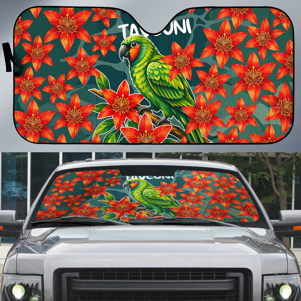 Fiji Taveuni Parrot Auto Sun Shade Tropical Waterfall Landscape With Floral Tribal Pattern TS04 Green Orange - Polynesian Pride