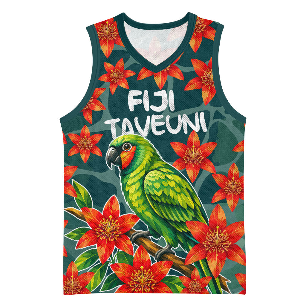 Fiji Taveuni Parrot Basketball Jersey Tropical Waterfall Landscape With Floral Tribal Pattern TS04 Unisex Green Orange - Polynesian Pride