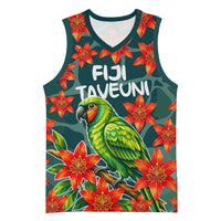 Fiji Taveuni Parrot Basketball Jersey Tropical Waterfall Landscape With Floral Tribal Pattern